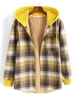 Hooded Button Up Plaid Print Pocket Flannel Fleece Jacket S Yellow