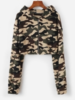 Hooded Camo Fleece Crop Jacket L Deep green
