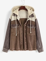 Hooded Colorblock Corduroy Pocket Frayed Jacket M Deep coffee