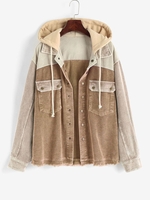 Hooded Colorblock Corduroy Pocket Frayed Jacket Xs Light coffee