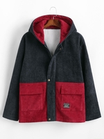 Hooded Double Pockets Contrast Corduroy Fleece Jacket 2xl Deep blue