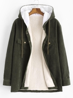 Hooded Double Pockets Corduroy Fluffy Lined Shirt Jacket Xl Army green