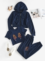 Hooded Dragon Print Oriental Three Pieces Joggers Set S Deep blue