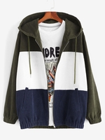 Hooded Drawstring Contrast Corduroy Zip Jacket M Deep green