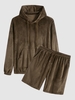 Hooded Drawstring Pocket Fleece Shorts Set Xl Sepia