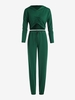 Hooded Drop Shoulder Cinched Jogger Pants Set M Deep green