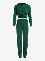 Hooded Drop Shoulder Cinched Jogger Pants Set M Deep green
