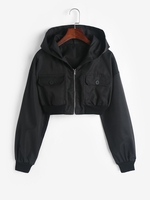 Hooded Drop Shoulder Pocket Crop Jacket L Black