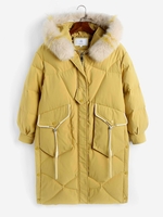 Hooded Faux Fur Collar Parka Longline High Quality 100% White Duck Puffer Down Jacket L Yellow