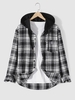 Hooded Flannel Plaid Letter Patched Pocket Shirt L Night