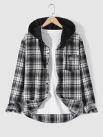 Hooded Flannel Plaid Letter Patched Pocket Shirt L Night