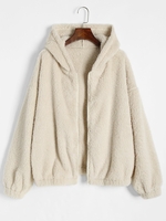 Hooded Fluffy Faux Shearling Jacket L Light coffee