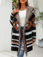 Hooded Fringed Ethnic Aztec Pattern Longline Cardigan Xl Black