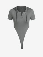 Hooded High Leg Button Placket Bodysuit S Gray