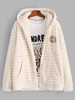 Hooded Letter Embroidered Fuzzy Fleece Striped Fluffy Jacket L Light yellow