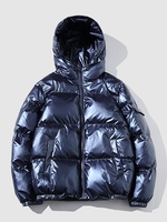 Hooded Metallic Pocket Quilted Puffer Coat L Deep blue