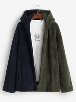Hooded Open Front Contrast Fluffy Jacket S Deep green