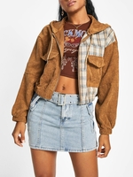Hooded Plaid Panel Corduroy Jacket L Coffee