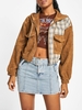 Hooded Plaid Panel Corduroy Jacket M Coffee