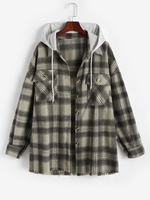 Hooded Plaid Pocked Frayed Flannel Shacket L Coffee