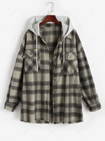 Hooded Plaid Pocked Frayed Flannel Shacket Xl Coffee