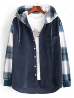 Hooded Plaid Print Button Up Corduroy Jacket Xl Deep blue