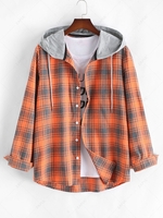 Hooded Plaid Print Button Up Shirt 2xl Dark orange