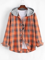 Hooded Plaid Print Button Up Shirt S Dark orange
