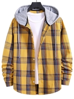 Hooded Plaid Print Curved Hem Drawstring Shirt 2xl Bright yellow