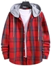Hooded Plaid Print Curved Hem Drawstring Shirt Xl Lava red