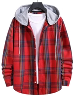 Hooded Plaid Print Curved Hem Drawstring Shirt Xl Lava red