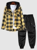 Hooded Plaid Print Double Pockets Shirt and Patch Design Jogger Cargo Pants Set Yellow