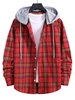 Hooded Plaid Print Drawstring Shirt S Red