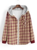 Hooded Plaid Print Pocket Flannel Fleece Jacket M Red