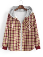 Hooded Plaid Print Pocket Flannel Fleece Jacket M Red