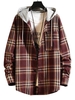 Hooded Plaid Print Pocket Shirt M Red wine