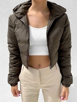 Hooded Quilted Crop Puffer Jacket L Deep coffee