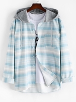 Hooded Striped Print Pocket Shirt S Light blue