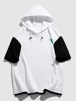Hooded Textured Colorblock Loose Short Sleeve T Shirt M White