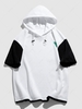 Hooded Textured Colorblock Loose Short Sleeve T Shirt Xl White