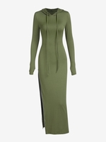 Hooded Thumb Hole Zipper Slit Dress L Deep green