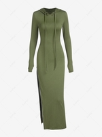 Hooded Thumb Hole Zipper Slit Dress S Deep green