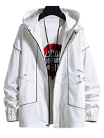 Hooded Toggle Drawstring Zip Up Graphic Binding Trim Jacket M White