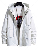Hooded Toggle Drawstring Zip Up Graphic Binding Trim Jacket Xl White
