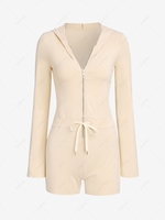 Hooded Zip Placket Unitard Romper M Light coffee