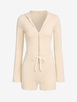 Hooded Zip Placket Unitard Romper S Light coffee