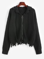 Hooded Zip Up Distressed Cardigan M Black