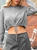 Hooded Zip Up Drawstring Hem Cropped Cardigan Light gray