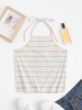 Horizontal Stripe Print Halter Tied Neck Top L