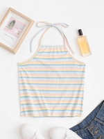 Horizontal Stripe Print Halter Tied Neck Top L